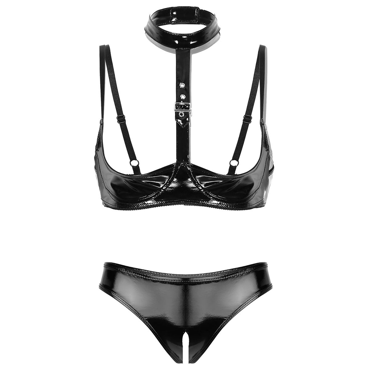 Bralette Triangle Set - 여성용 특허 가죽 란제리 세트, 블랙