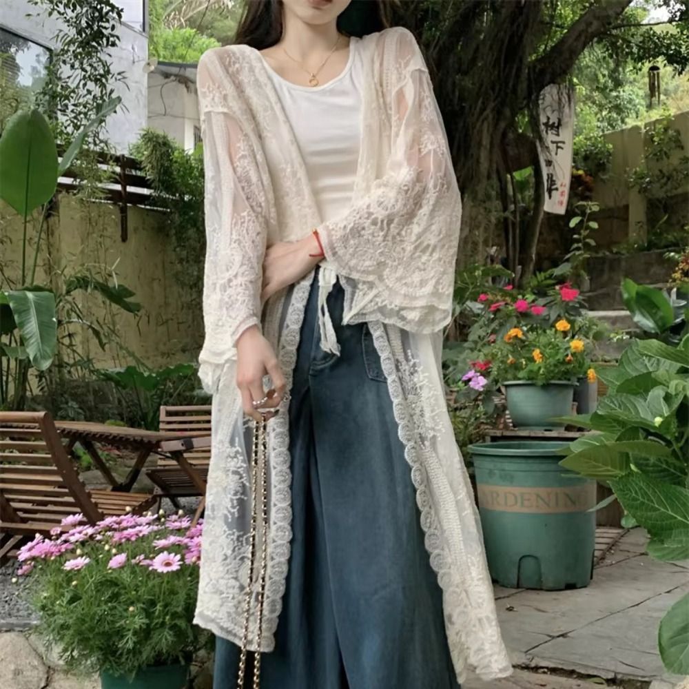 가벼운 레이스업 레이스 블라우스 자수 루즈핏 시스루 커 - Kimono Sheer Floral 리뷰 및 가격