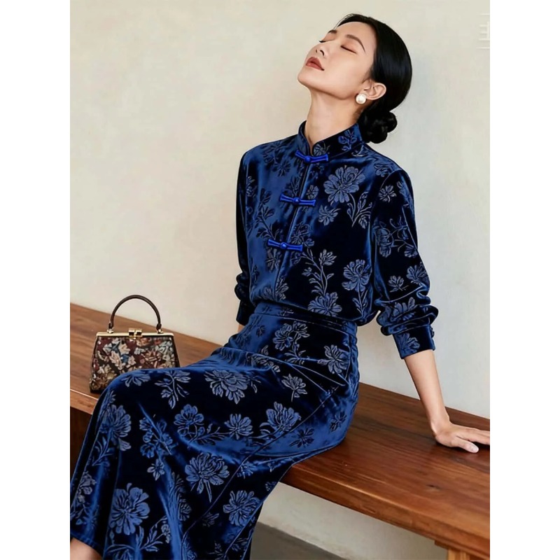 여성용 신상 중국풍 벨벳 플로럴 프린트 개구리 단추 탑 - Midi Skirt Floral 리뷰 및 가격