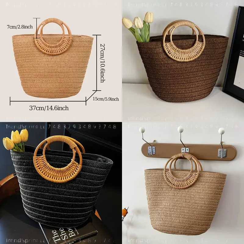 여성 여름 짠 종이 토트 백 대용량 솔리드 컬러 라운드 - Tote Bag Beach 리뷰 및 가격