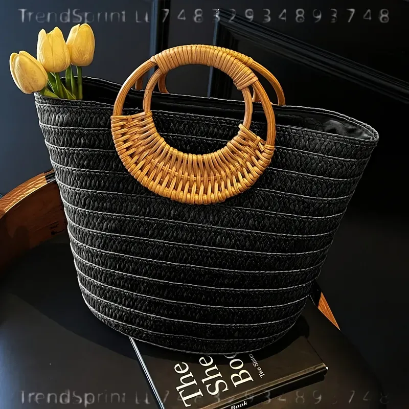 여성 여름 짠 종이 토트 백 대용량 솔리드 컬러 라운드 - Tote Bag Beach 리뷰 및 가격